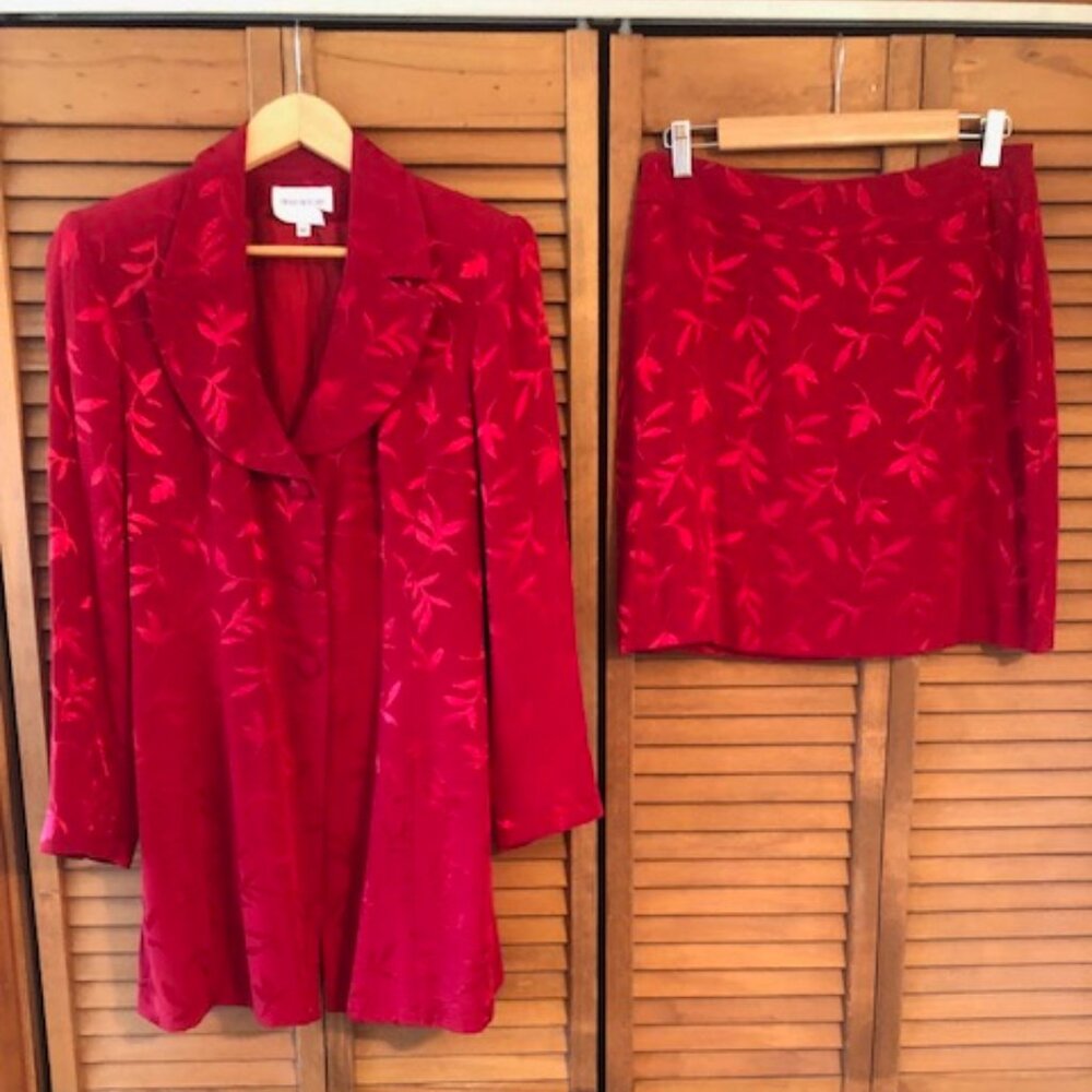 Vintage Hugo Buscati - Red Jacquard Weave Blazer & Skirt Suit - Size 12